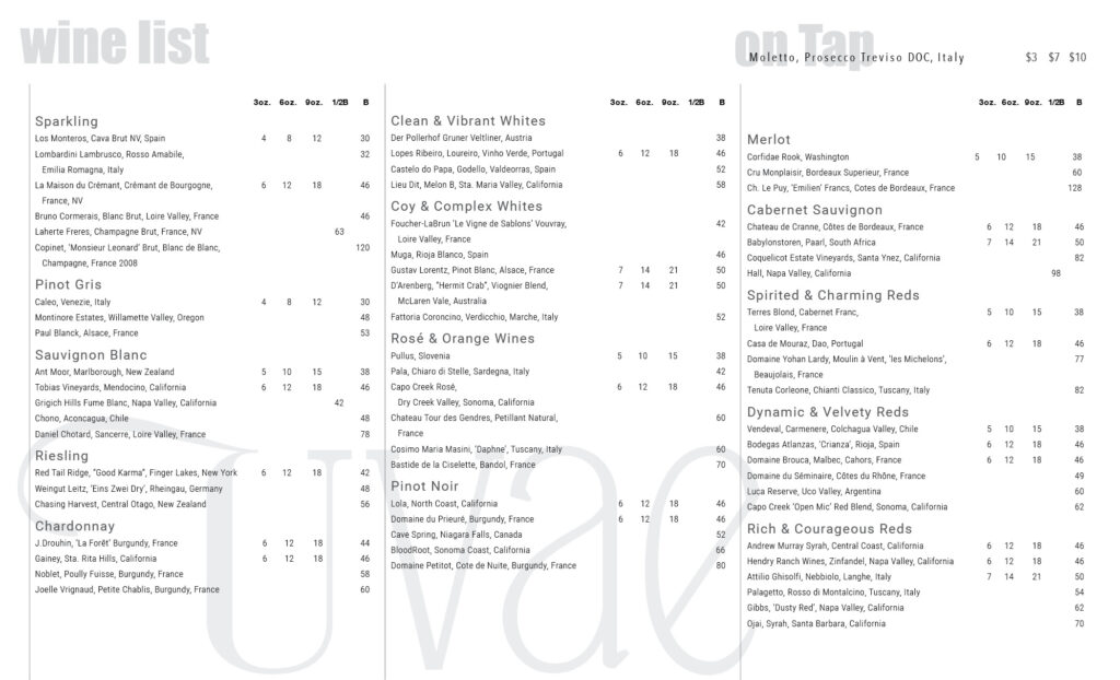 Uvae Kitchen and Wine Bar, wine list.